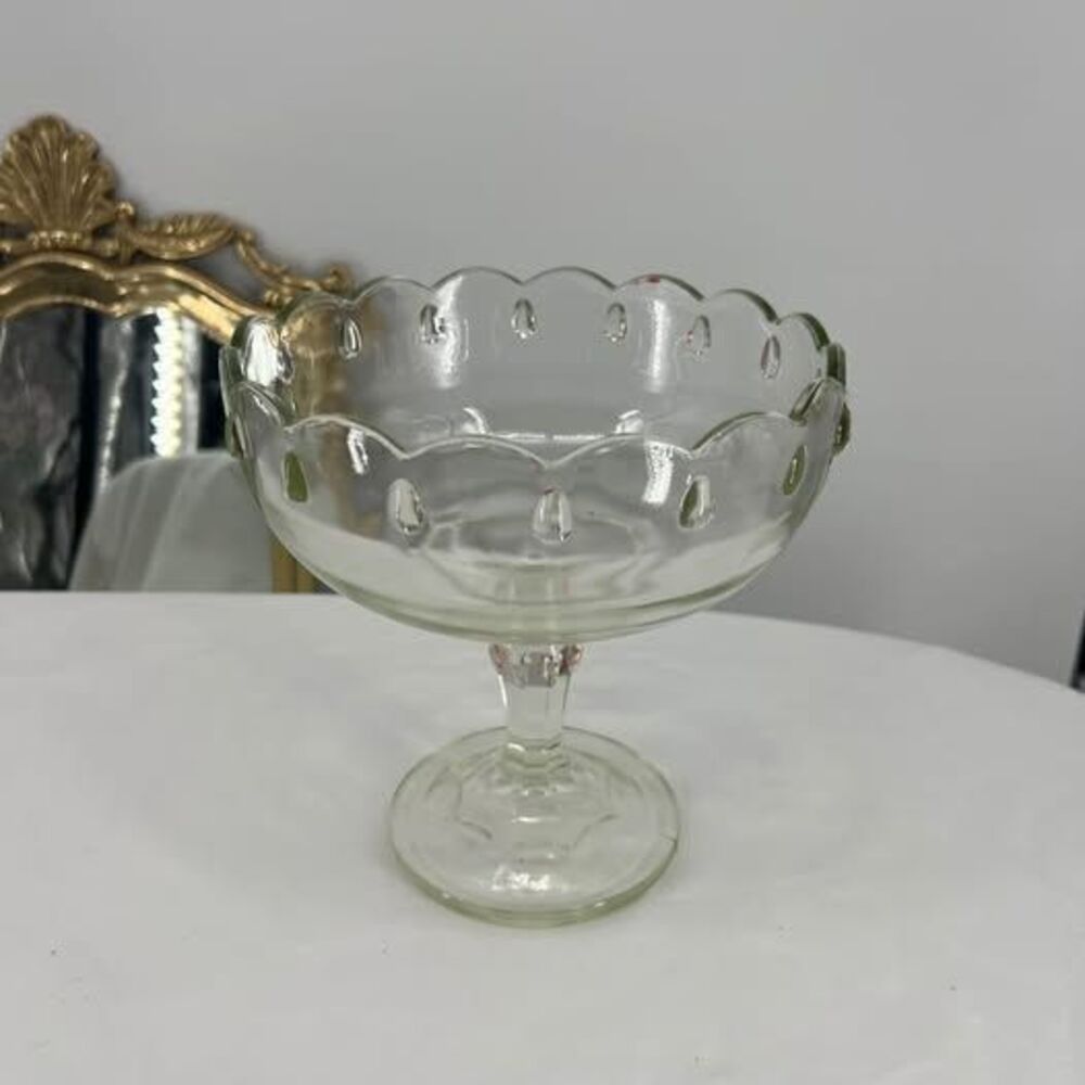 Vintage Scalloped Clear Glass Pedestal Bowl